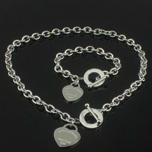 

sell birthday christmas gift 925 silver love necklace+bracelet set wedding statement jewelry heart pendant necklaces bangle sets 2 in 1