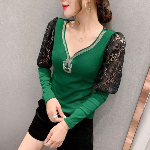 

autumn 2021 lace new t-shirt for v-neck women long sleeve dign drill foreign style fashion, Black;gray