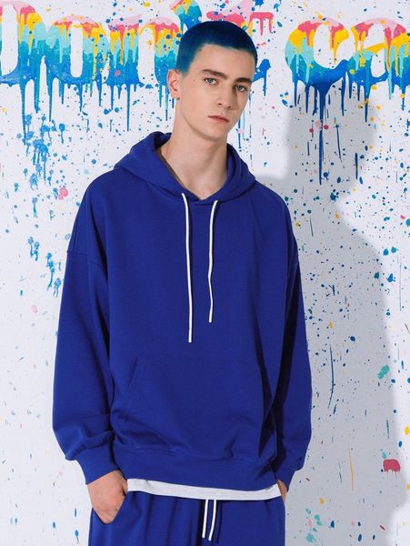 

men drop shoulder drawstring hoodie s50i#, Black