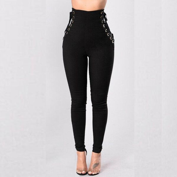 

women's pants & capris women fitness stretch high waist slim casual lace up bandage trousers skinny stretchy female apparel, Black;white