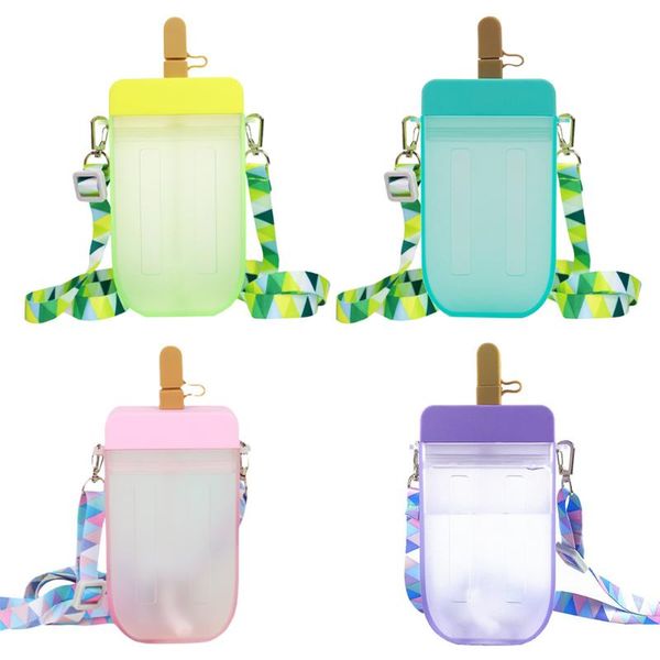 

water bottle 300ml cute popsicle straw cup with shoulder strap plastic transparent outdoor drinking cups kettle mug
