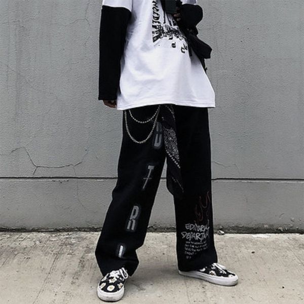 

gothic harajuku pants women emo japanese streetwear women trousers indie aesthetic goth pants with print hip hop 2000s, Black;white