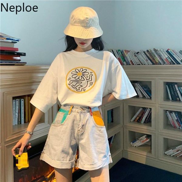 

two piece dress neploe summer 2 pcs women suit o neck short sleeve appliques t shirt + high waist hip pocket denim casual 49074, White