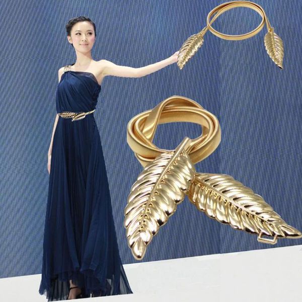 

designer ladies decorative leaves belt metal elastic chain waist crony all match sliver gold metal belts korean fashion, Black;brown