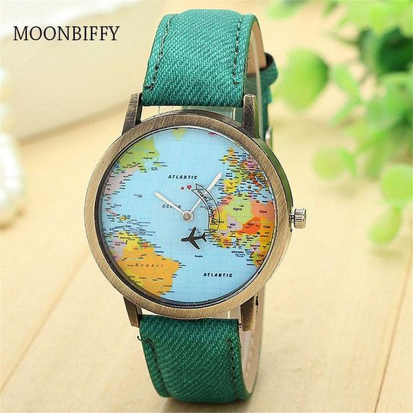 Party Favor Cool Mini Monde Mode Quartz Montre Hommes Unisexe Carte Avion Voyage Autour Des Femmes Robe En Cuir Montres-bracelets