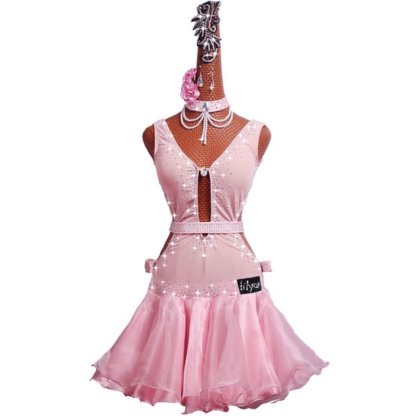 

rhinestones latin dance dress with accessories women rumba samba dancing skirt lady elegant pink latin competition dance dresses, Black;red