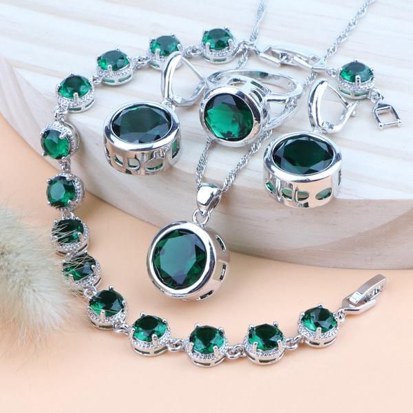 

earrings & necklace simple green zircon earring ring bracelet set for women exquisite luxury jewelry party wedding gift, Silver
