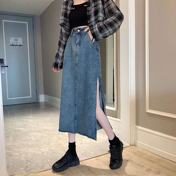 

side split denim women's spring and autumn 2021 new high waist a-line design long skirt, Blue