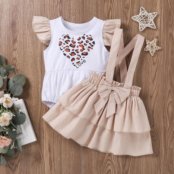 

clothing sets 0-18months born infant baby girls ruffle leopard love print romper suspender skirts set organic cotton clothes casual m4, White