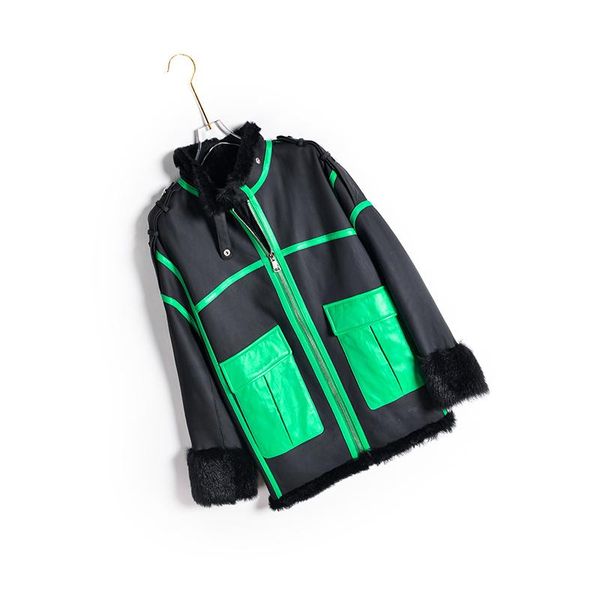 

women's fur & faux female coat winter 2021 locomotive style full plet natural real genuine leather jacket women clothes pocket decorate, Black