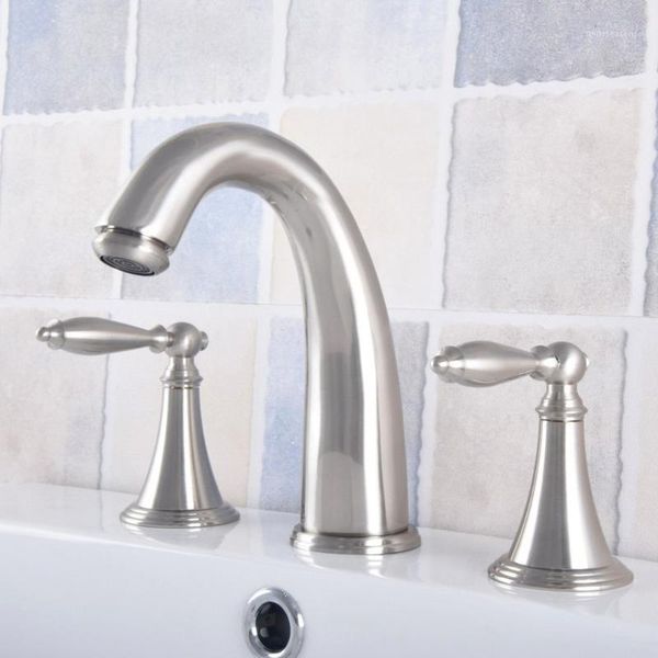 

brushed nickel brass deck mounted bathroom basin faucet widespread vanity sink mixer tap three holes/two handles anf683 faucets1