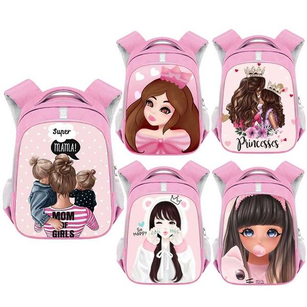 Mãe dos desenhos animados e princesa menina com mochila de coroa para meninas sacos de escola de crianças crianças kindergarten saco rosa criança bookbag 211021