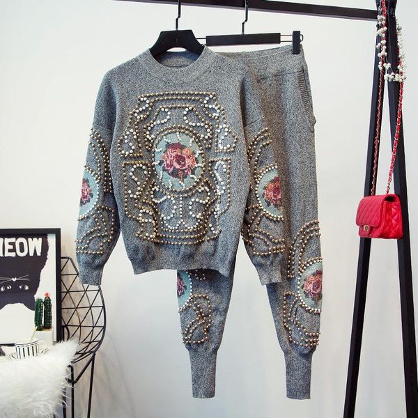 

women's two piece pants autumn winter fashion tracksuit women 2 set beaded embroidery long sleeve sweater casual female knitted, White