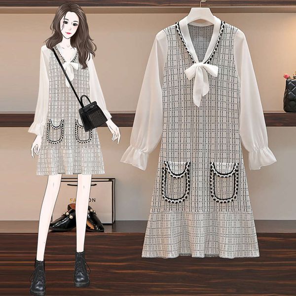 

large women's dress 2020 new fat sister autumn stitching knitted dress temperament covering meat age reducing fragrance skirt, Black;gray