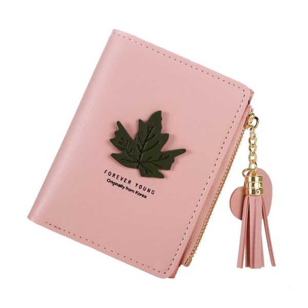 

korean style womens tassel wallet zipper short ladies wallet clutch maple leaf pu leather snap small coin purse card holder bag, Red;black