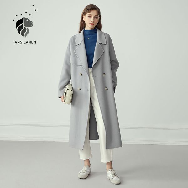 

fansilanen double breasted 100% wool coat women elegant cashmere long winter coat female oversized vitnage blend jaet, Black