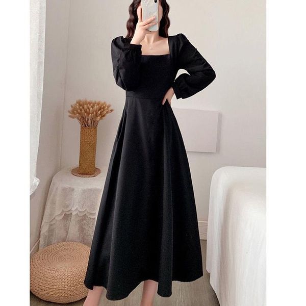 

casual dresses women's spring autumn style dress elegant long sleeve solid color square neck korean 3317, Black;gray