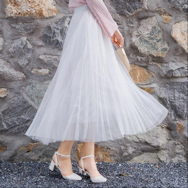 

heydress 2021 autumn solid women skirt pleated skirt fashion mesh loose high waist lady skirts black white maxi skirt