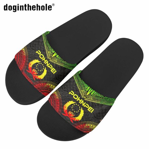 

slippers doginthehole pohnpei polynesian tribal pattern women slides summer retro flat shoes female non-slip bathroom, Black