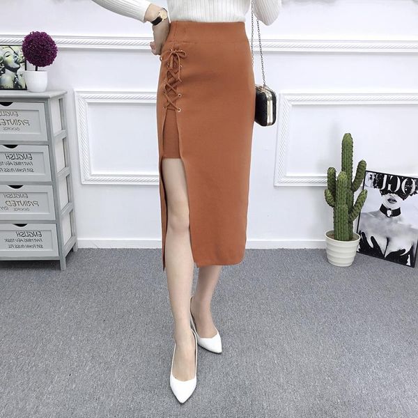 

skirts autumn winter women long pencil skirt slim bodycon package hip female split high waist midi knitted sf1237, Black