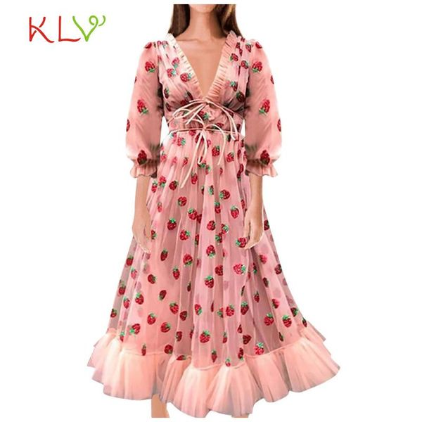 

casual dresses strawberry dress for women autumn lolita mesh plus party mushroom 2021 v neck puff sleeve pleated bandage vestidos, Black;gray