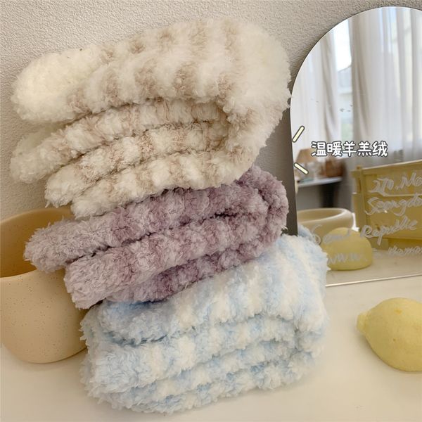 

winter warm plush floor lamb cashmere sleep home women' stripe middle tube socks, Red;black