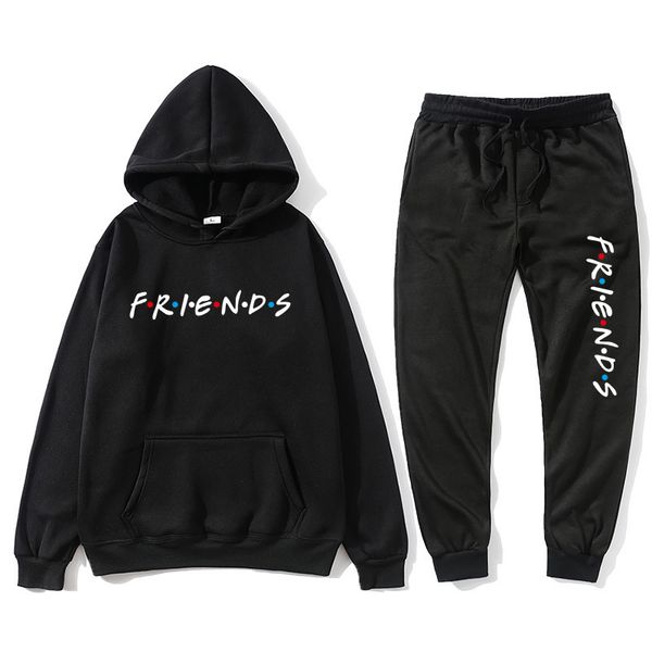 

2021 new friends hoodie harajuku letter print pocket warm thick men's pullover + hip hop jogging pants loose sweatshirt set fobv, Black