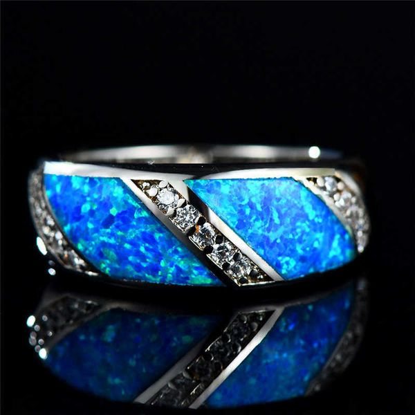 Geometrisches Versprechen Liebe Verlobungsring Charme Weibliche blaue weiße Feuer Opal Stein Ring Vintage Silber Farbe Eheringe Ringe für Frauen X0715