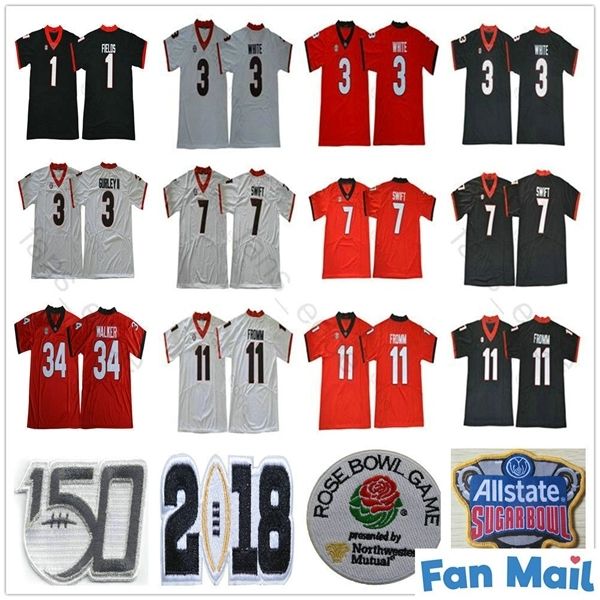 

150th patch ncaa uga georgia bulldogs sugar bowl college 7 dandre swift 11 jake fromm 3 zamir white todd gurley ii 34 herchel walker jerseys, Black