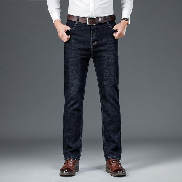 

new men's straight stretch business jeans classic comfortable soft fit denim trousers casual pants black blue large size 28-40