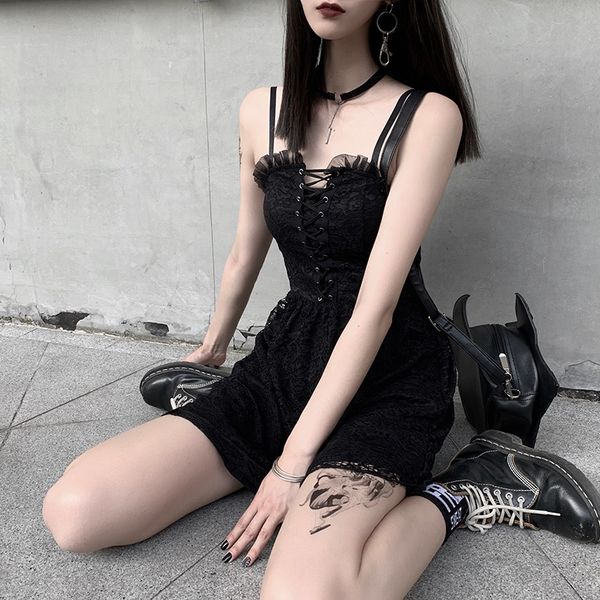 

gothic bleck vintage women slash neck lace spaghetti straps slim mini dress goth female lace up solid color backless dress, Black;gray