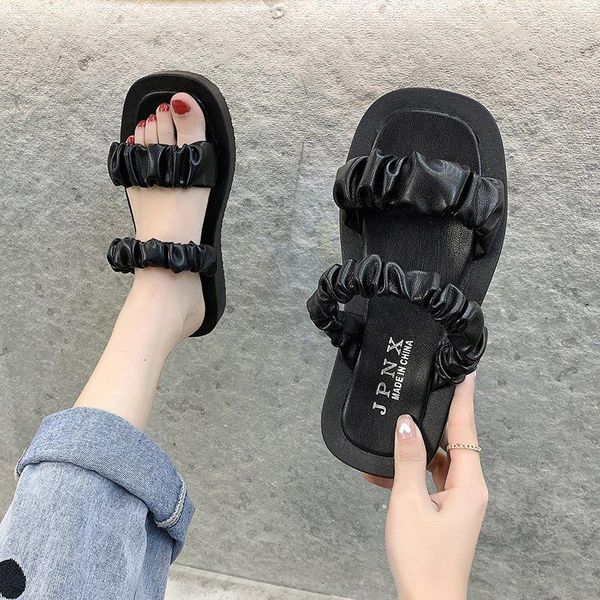 

slippers flat women pu elastic band open toe shoes summer casual outdoor beach slides black beige 2021