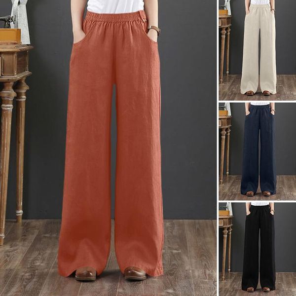 

women's pants & capris zanzea vintage wide leg elastic waist trousers casual solid long pantalon palazzo female pockets turnip plus siz, Black;white