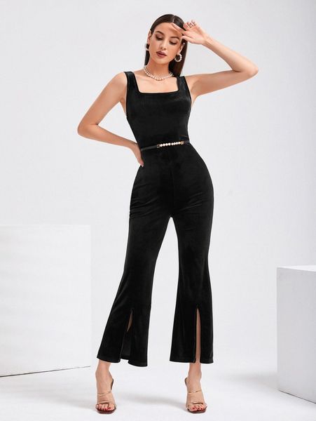 

slit hem velvet flare leg jumpsuit without belt c6zd#, White