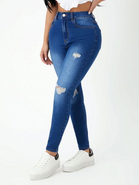 

petite high waist skinny ripped jeans h2tb#, Blue