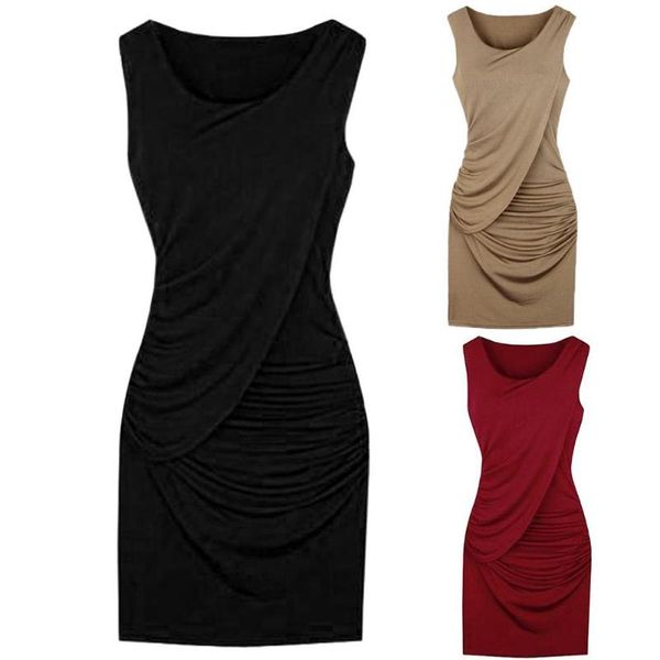 

casual dresses plus size fashion lady solid color o neck sleeveless pleated bodycon midi dress, Black;gray