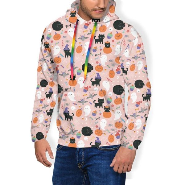 

men's hoodies & sweatshirts halloween spooky cat pumpkin hoodie cute nice long length polyester men winter loose pullover x, Black