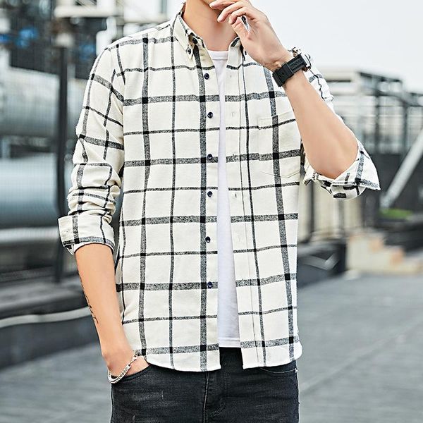 

men's casual shirts men clothing 2021 plaid shirt long-sleeved korean slim all-match youth trend camisas para hombre, White;black