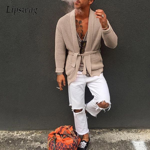

men's sweaters vintage knitted cardigan men 2021 autumn winter fashion long sleeve solid outerwear casual mens belted design jackets st, White;black