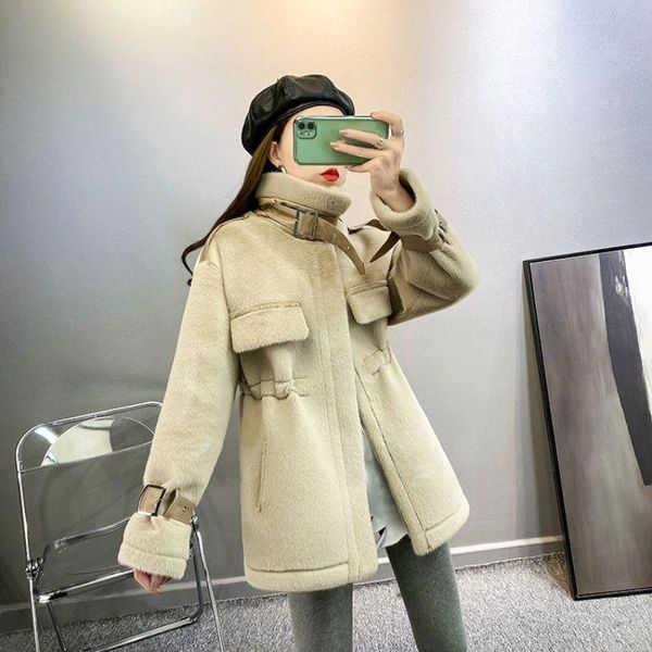

women's fur & faux autumn winter female casual loose jacket fashion coat ladies thick warm outerwear elegant overcoats, Black