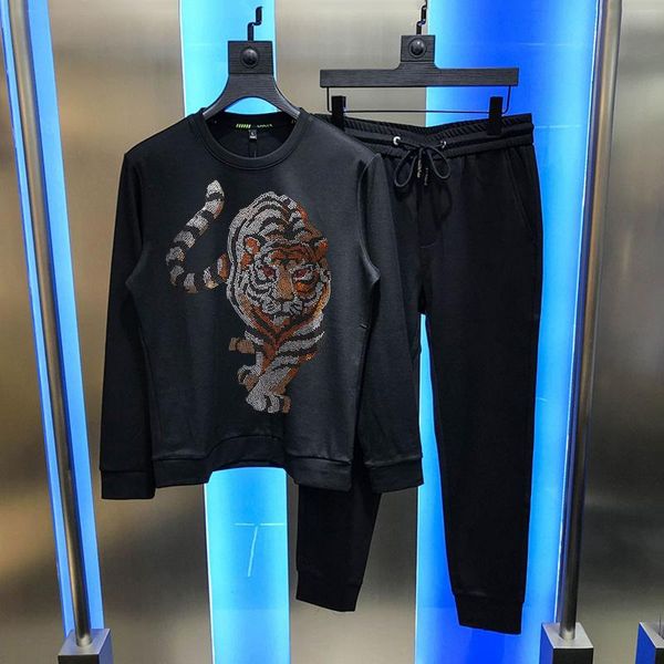

men's tracksuits male track suit street shiny tiger diamond sets sportswear jogging hoodie+pants/hip-hop oversized sweatshir, Gray