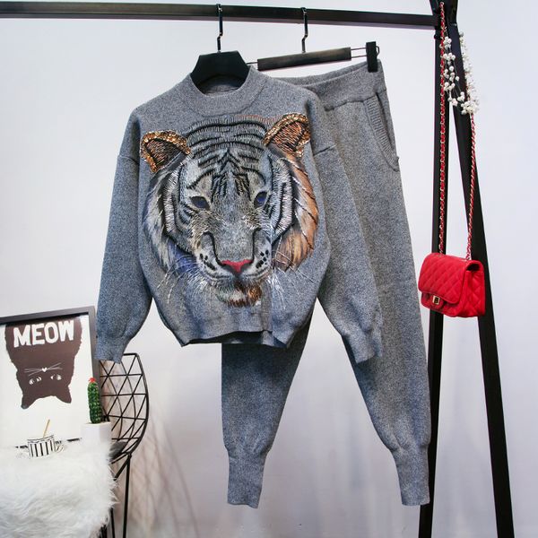

fashion red knitted tracksuits women set loose 4 color handwork beading tiger sweater long pencil pants two piece outfits female dua9, Blue