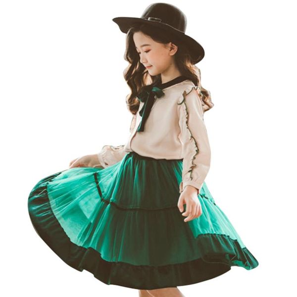 

clothing sets teen girls blouse + mesh skirt teenage spring autumn clothes girl patchwork children's, White