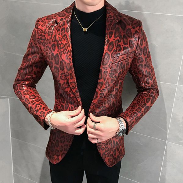

men leather jacket fashion slim fit casual coat leopard print jackets stage costume for singer concert spring autumn blazer 2021, Black;brown