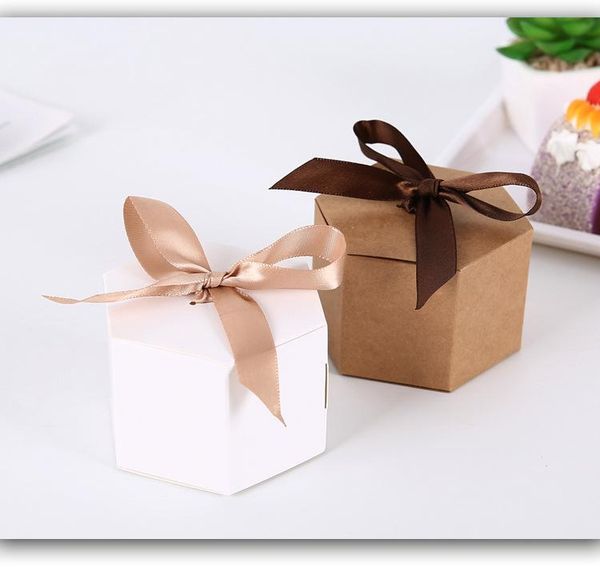 

gift wrap 10pcs hexagonal kraft paper packaging boxes, pastry, candy, biscuit box with ribbon, wedding party