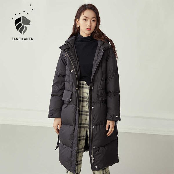 

fansilanen autumn winter long black down coat women 90% white duck hooded puffer jacket feather wram light parka 210607