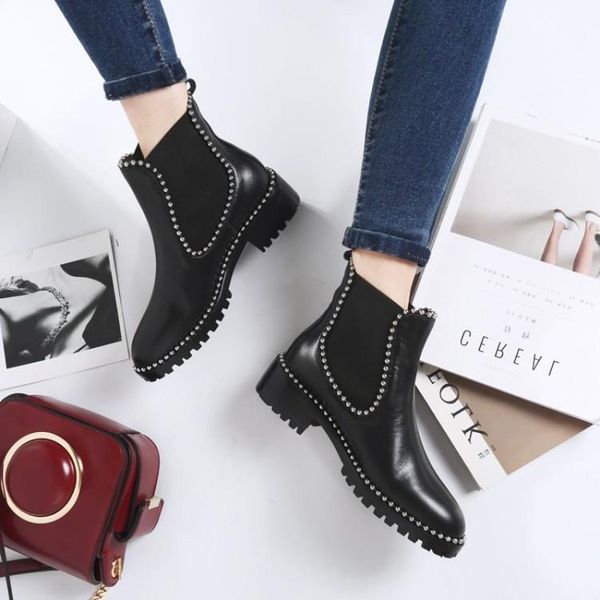 

boots thin shoes pearl decoration medium heel leather women's short women, Black