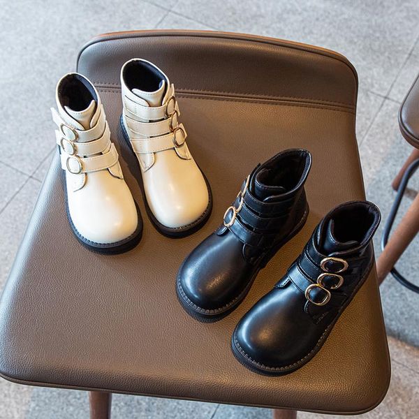 

flat shoes autumn winter girls leather kids baby ankle black motorcycle anti slip buckle platform 3-15y, Black;grey