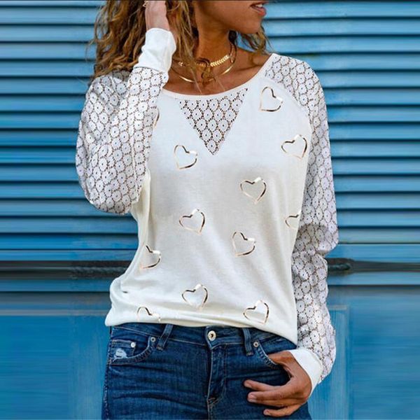 

women's blouses & shirts fashion patchwork 3xl plus size tunic heart printing long sleeve spring lace blouse for women chemise femme, White