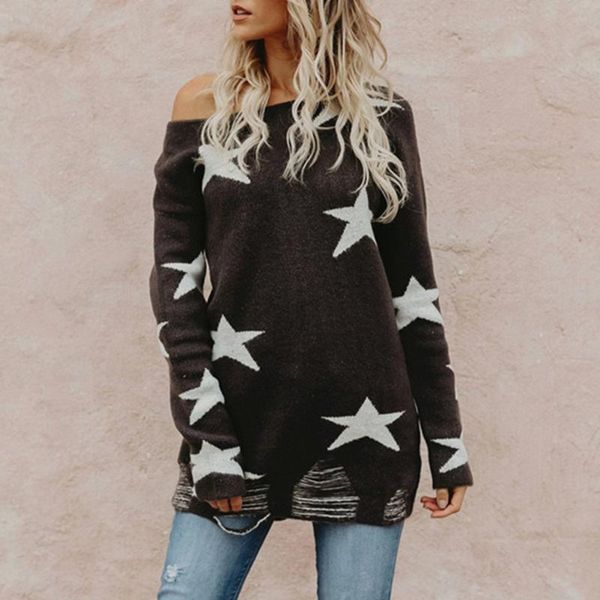 

women's sweaters knit y2k vintage sweater five pointed star ripped long sleeve loose women knitted and pullovers jersey mujer, White;black